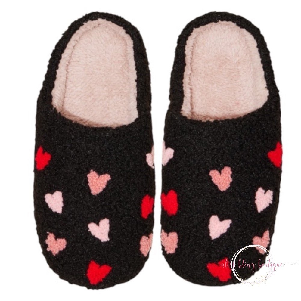 Sherpa Heart Polka Dot Slippers - Black-Shop Alies Boutique