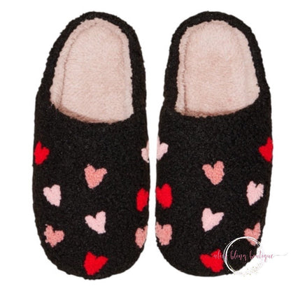 Sherpa Heart Polka Dot Slippers - Black-Shop Alies Boutique