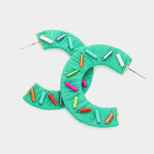 Sprinkle Statement - Green Bead Embellished Raffia Hoop Earrings-Shop Alies Boutique