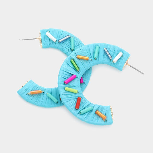 Sprinkle Statement - Turquoise Bead Embellished Raffia Hoop Earrings-Shop Alies Boutique