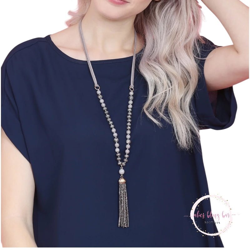 Tassel Crystal Bead - Gray Necklace - Sale-Shop Alies Boutique