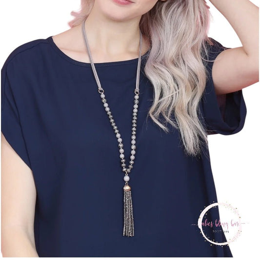 Tassel Crystal Bead - Gray Necklace - Sale-Shop Alies Boutique