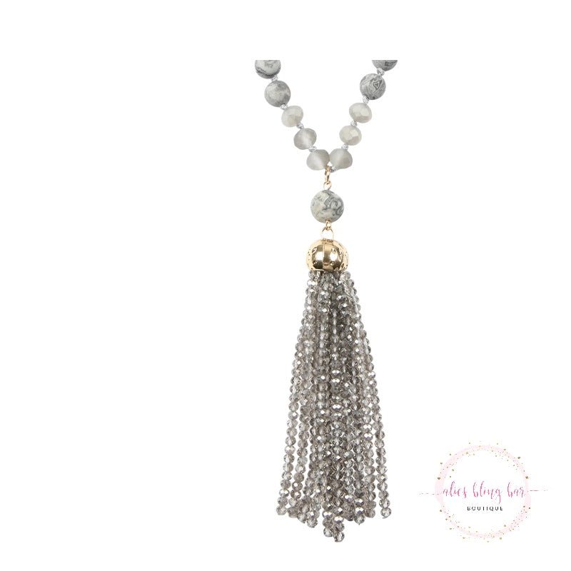 Tassel Crystal Bead - Gray Necklace - Sale-Shop Alies Boutique