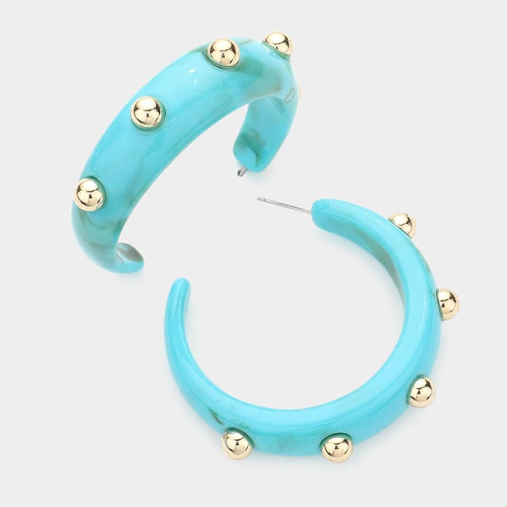 Uptown Edge – Turquoise Metal Ball Accented Resin Hoop Earrings-Shop Alies Boutique