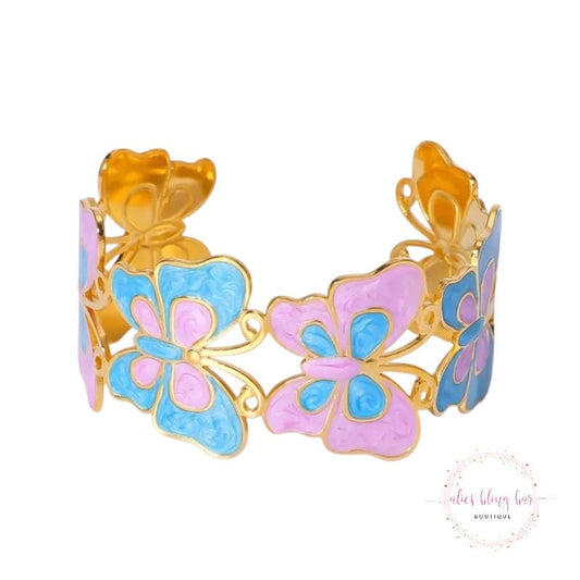 Vibrant Wings - Blue & Pink Butterfly Cuff Bracelet - Sale-Shop Alies Boutique