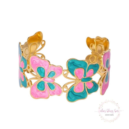 Vibrant Wings - Green & Pink Butterfly Cuff - Sale-Shop Alies Boutique