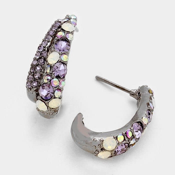 Violet Voltage – Purple & Hematite Crystal Rhinestone Bubble Half Hoop Earrings-Shop Alies Boutique